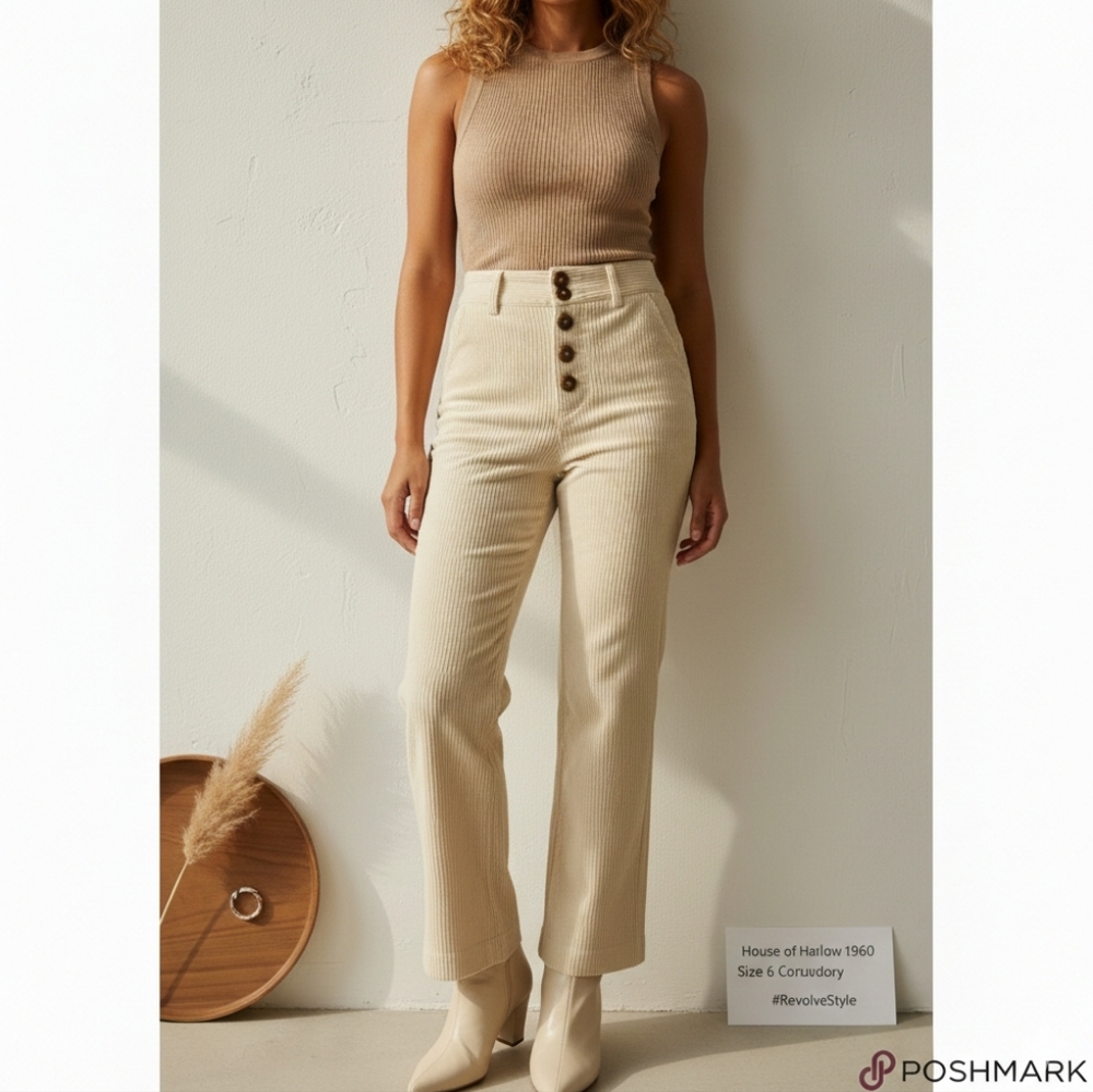 House of Harlow 1960 Wide Leg High Waist Soft Corduroy Pants Beige Size 6